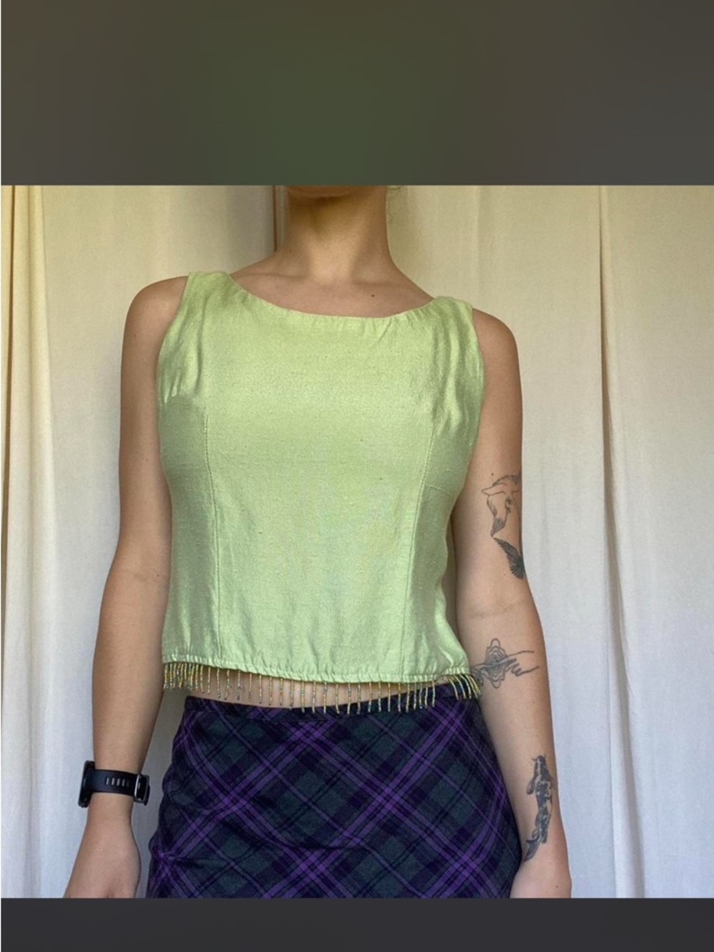 Sleeveless Beaded Hem Tank Top - Green